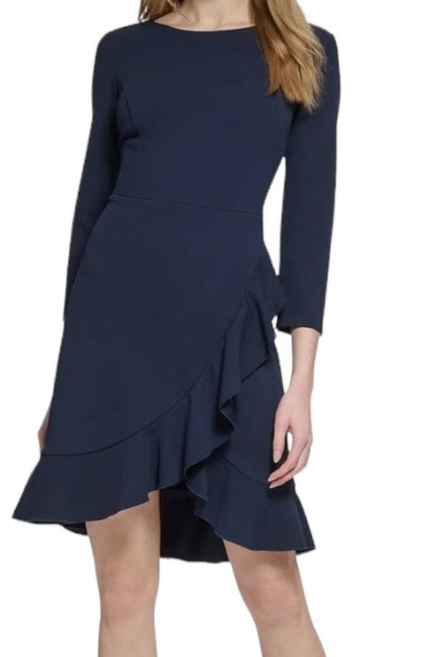 Tommy Hilfiger dress ruffle trim 3/4 sleeve navy blue size 4